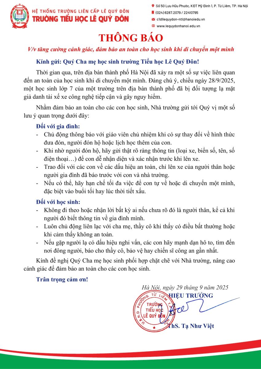 Thông báo đảm bảo an toàn cho học sinh khi di chuyển một mình